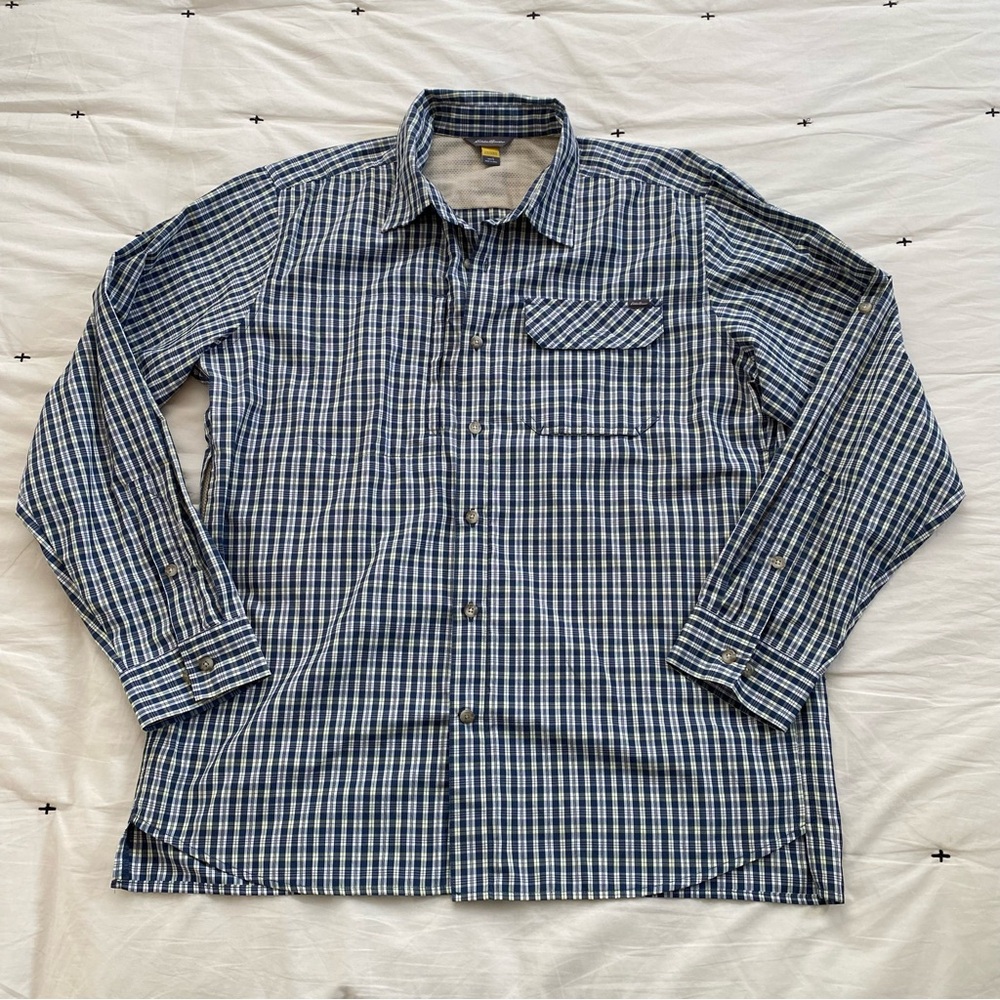Eddie Bauer Travex Shirt Mens L Navy Gray Yellow Plaid Outdoor Hiking travel